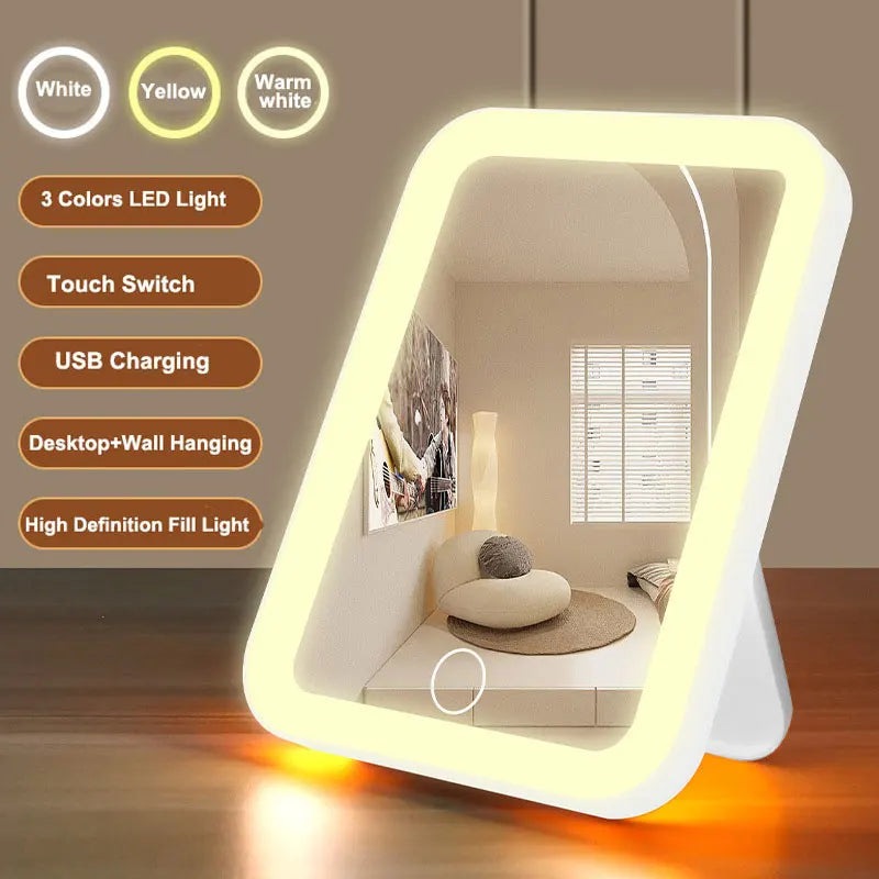 3 Colors LED Vanity Mirror with Touch Screen USB Rechargeable