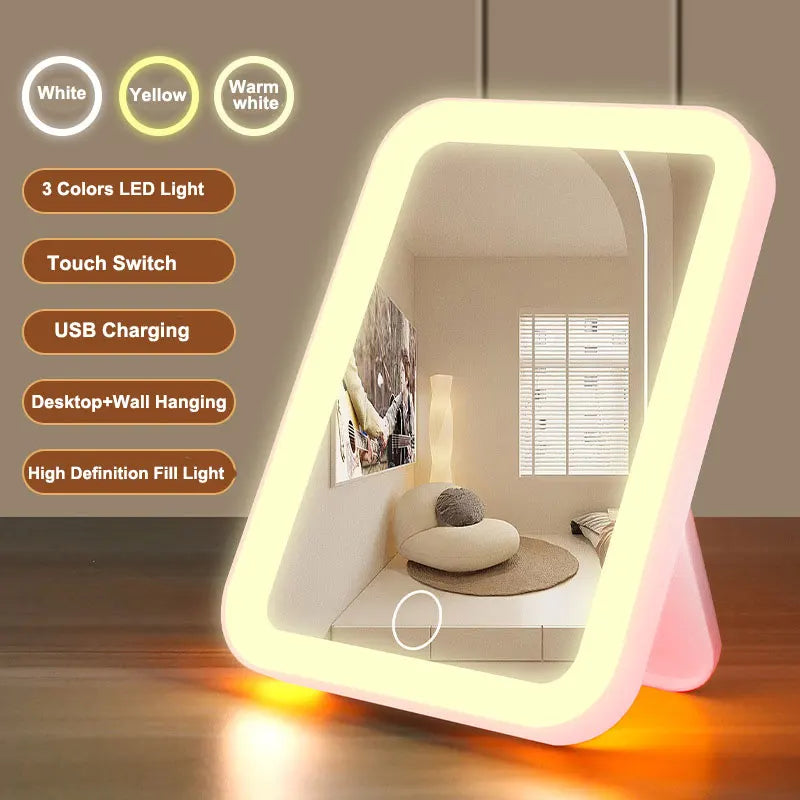 3 Colors LED Vanity Mirror with Touch Screen USB Rechargeable